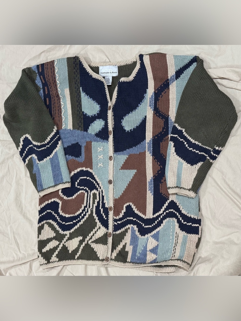 Vintage 90s Abstract Cardigan Art to Wear Christopher Banks Ramie Cotton M